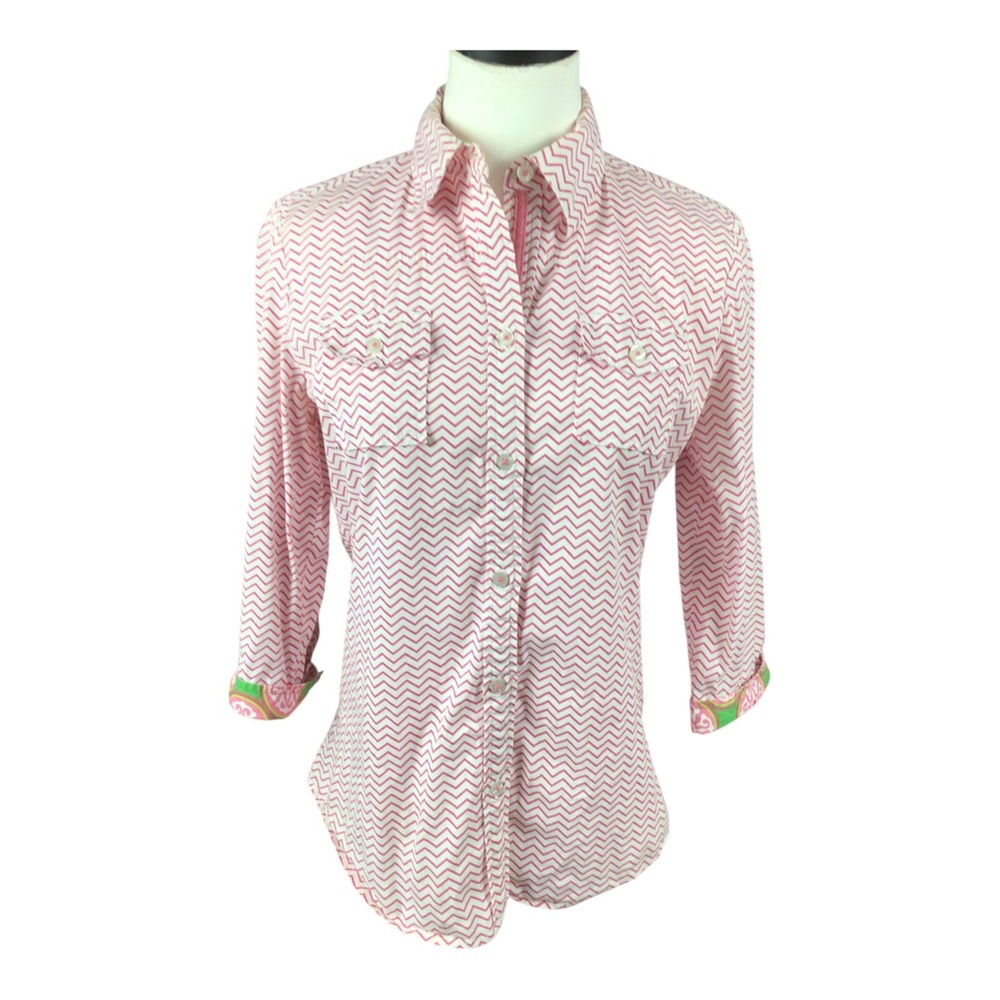 Tizzie Chevron Button-Up Shirt Red White Medium Ribbon Back Missing